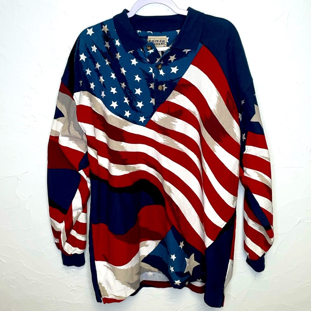 Cotton Traders Vintage American Flag Print Long Sleeve Shirt